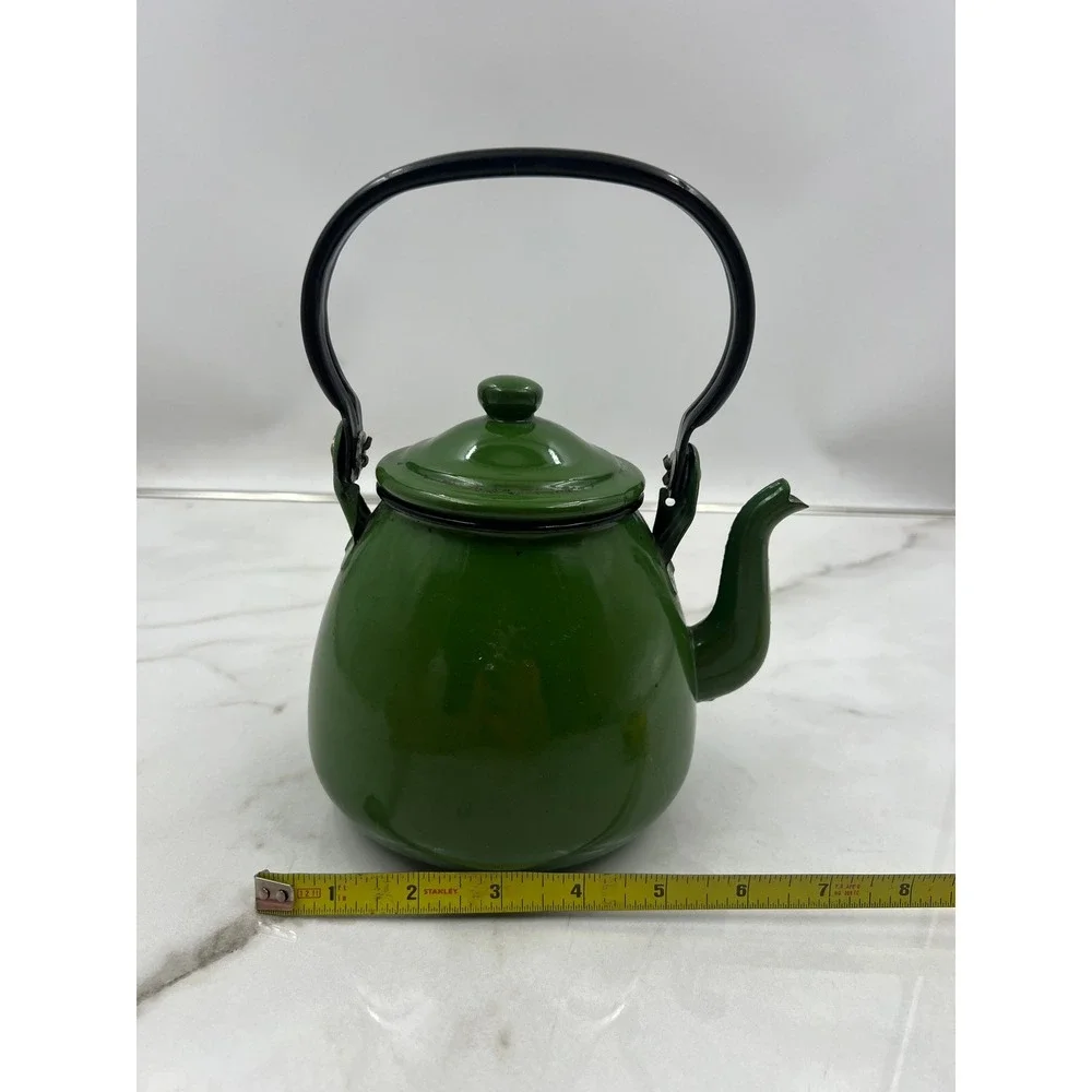 Vintage Green Enamel Teapot Made in Poland Rustic Farmhouse Decor Kettle